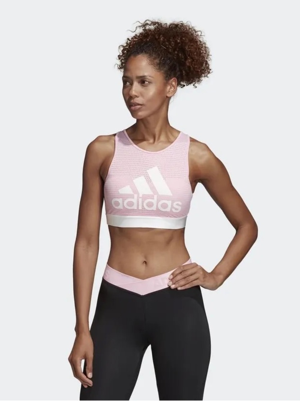 adidas Pink and White Logo Mesh High-Neck Sports Bra